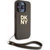 DKNY PU Leather Stack Logo Wrist Strap Zadný Kryt pre iPhone 14 Pre Brown