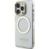 Guess IML Gold Outline Stand Camera Frame MagSafe Zadný Kryt pre iPhone 15 Pre Max Transparent