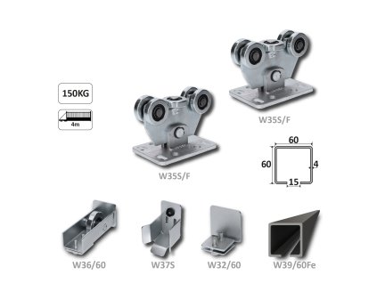Samonosný systém 60x60x4mm posuvnej brány do 150kg/4m otvor (W39/60Fe 6m čierný profil, 1x W-SET60/F)