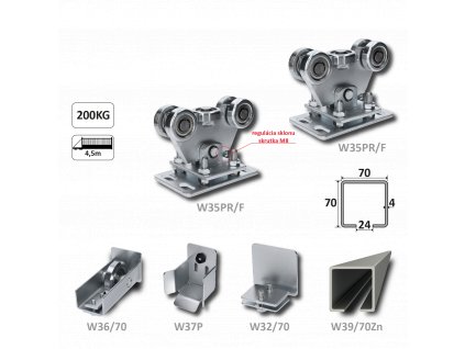 Samonosný systém 70x70x4mm posuvnej brány do 200kg/4,5m otvor (W39/70Zn 6m pozinkovaný profil, 1xW-SET70/F)