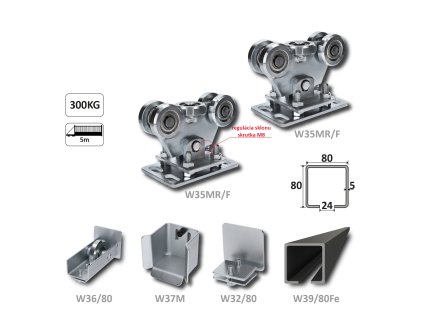 Samonosný systém 80x80x5mm posuvnej brány do 300kg/5m otvor (W39/80Fe 6m čierný profil, 1x W-SET80/F)