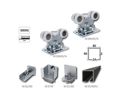 Samonosný systém 80x80x5mm posuvnej brány do 300kg/5m otvor (W39/80Fe 6m čierny profil, 2x W35MR/N, 1x W36/80, 1x W37M, 1x W32/80)