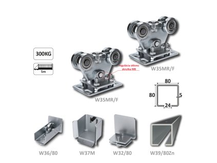 Samonosný systém 80x80x5mm posuvnej brány do 300kg/5m otvor (W39/80Zn 6m pozinkovaný profil, 1x W-SET80/F)