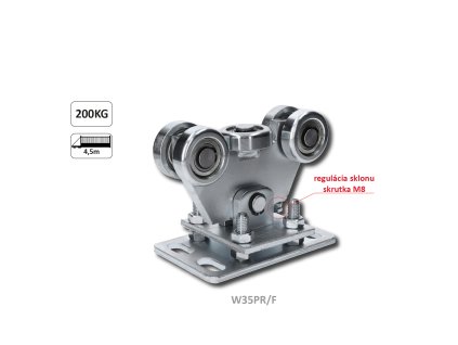 Vozík pre C-profil 70x70x4mm výškovo nastaviteľný s reguláciou sklonu, 5x oceľové koliesko s ložiskom 6204ZZ, galvanické zinkovanie
