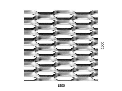 ťahokov Zn, kosoštvorcové oko: 44x12mm, mostík: 5mm (1500x1000x1.5mm), orientácia oka: rozmer oka 44mm je rovnobežná s rozmerom tabule 1500mm