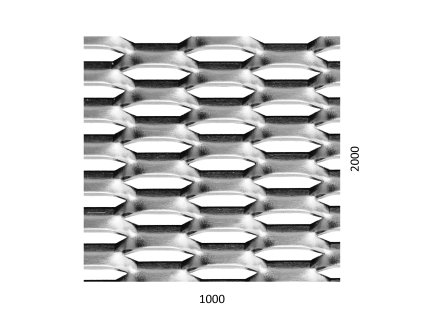 ťahokov Zn, kosoštvorcové oko: 44x12mm, mostík: 5mm (1000x2000x1.5mm), orientácia oka: rozmer oka 44mm je rovnobežná s rozmerom tabule 1000mm