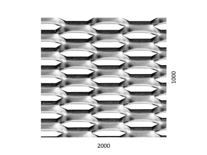 ťahokov Zn, kosoštvorcové oko: 44x12mm, mostík: 5mm (2000x1000x1.5mm), orientácia oka: rozmer oka 44mm je rovnobežná s rozmerom tabule 2000mm