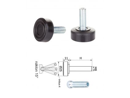 ø-25mm, M8x40mm, H-40mm, čierna,Kĺbová plastová nivelačná nožička, závitovo-nastavitelná.