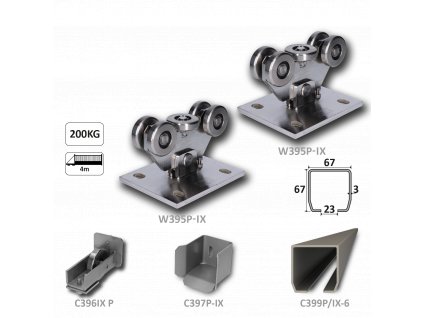 Nerezový samonosný systém 67x67x3mm pre posuvné brány do 200kg/4m otvor (C399P-IX 1x6m nerezový profil, W395P-IX 2ks, C397P-IX 1ks, C396P-IX 1ks