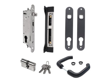LOCINOX® sada FIFTYSET na zamykanie krídlovej bránky (štítok, doraz, cylindrická vložka, kľučka), pre profil 50x40 mm