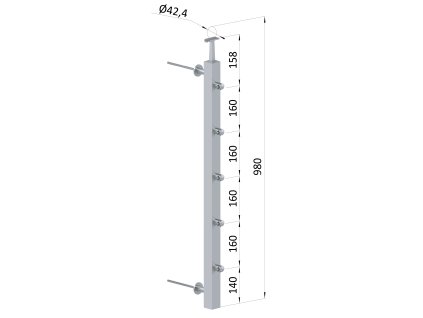 Nerezový stĺp na francúzsky balkón, bočné kotvenie, 5 radový priechodný, vrch pevný, (40x40x2.0mm), brúsená nerez K320 /AISI304