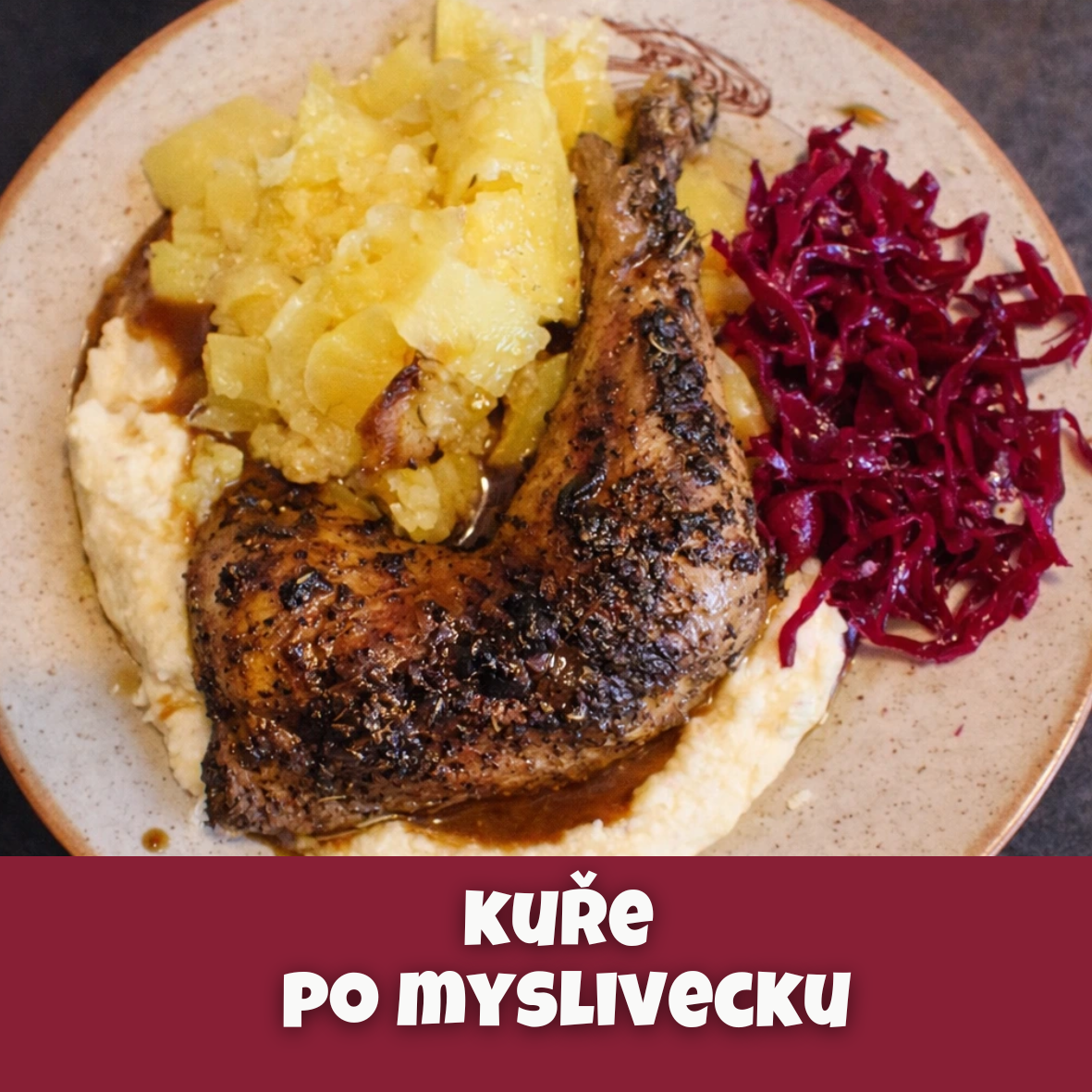 Pečené kuře po myslivecku, celerové pyré, gratinované brambůrky