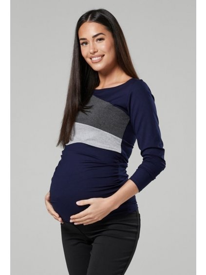Těhotenské a kojící tričko 3v1 Happy Mama modro šedé (Velikost 2XL)
