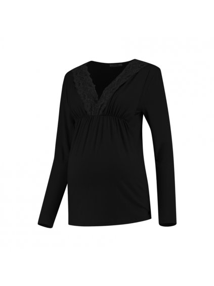Těhotenské a kojící tričko 3v1 Lace Tencel černé s krajkou (Velikost XL)