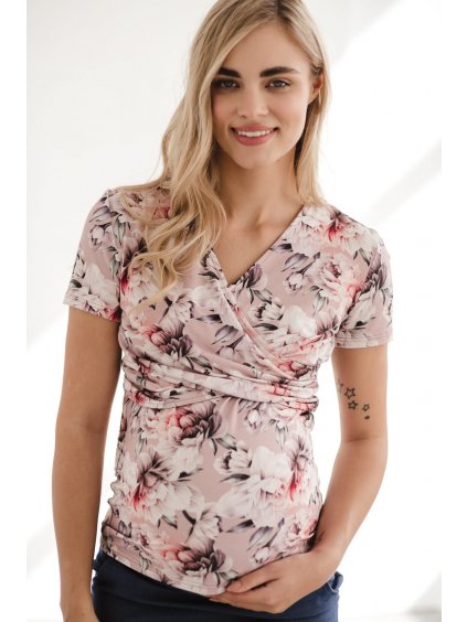 Těhotenské a kojící tričko růžové květinové