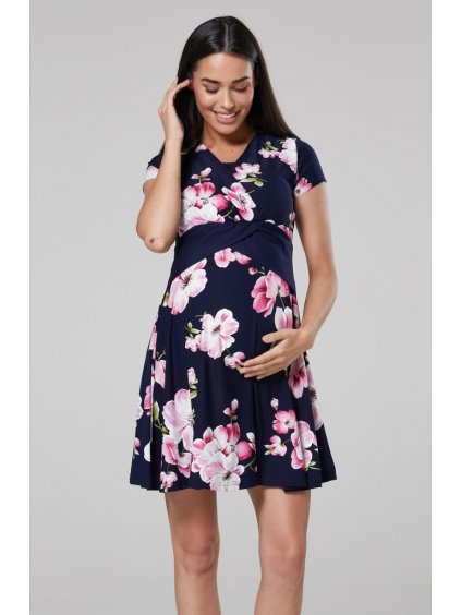 Těhotenské a kojící šaty tmavě modré s květinami