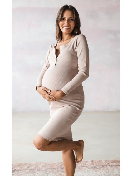 Těhotenské šaty béžové dlouhý rukáv