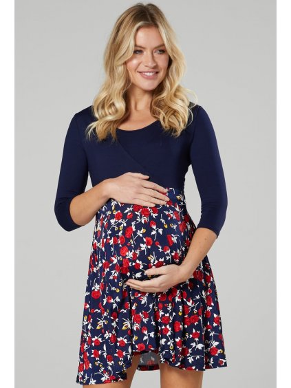 Těhotenské a kojící mini šaty květinové modré