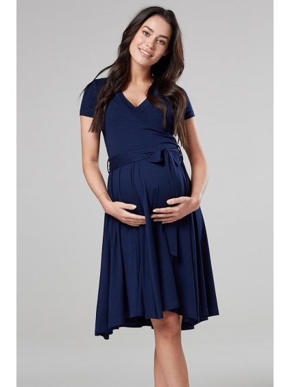 Elegantní těhotenské šaty s uvazováním modré