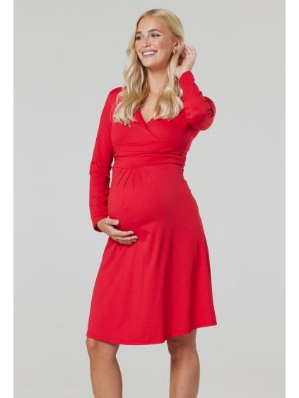 Těhotenské šaty červené s dlouhým rukávem kojící