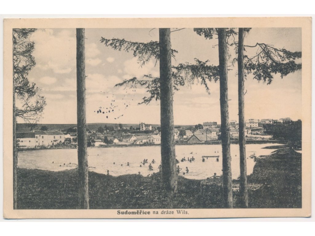 64 - Táborsko, Sudoměřice, pohled na oživené letní koupaliště, cca 1933