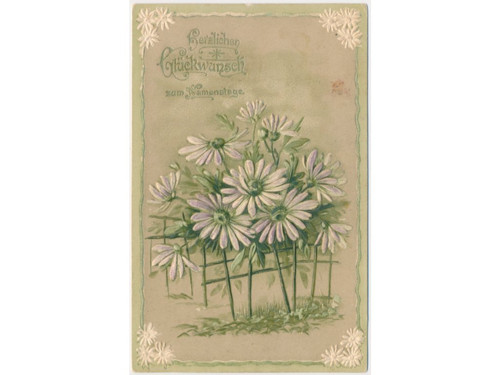 Květinová koláž, přání k jmeninám, Herzlichen Glückwunsch zum Namenstage, cca 1906