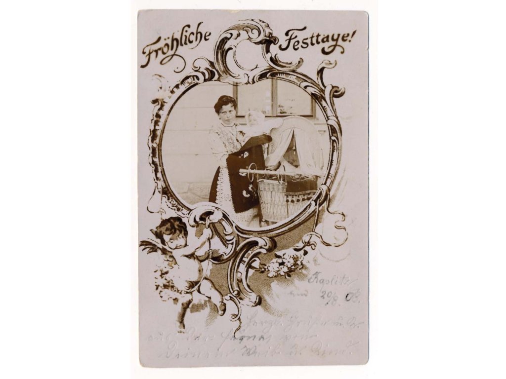 Sváteční kolážová pohlednice, Fröhliche Festtage, cca 1908
