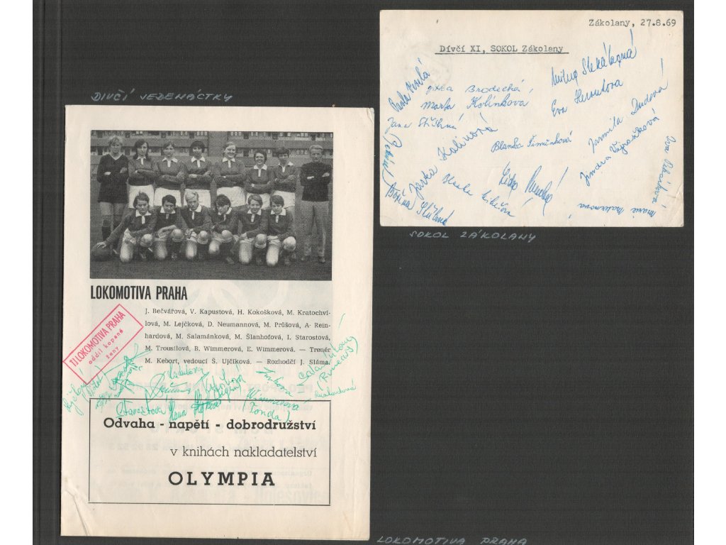 TJ Lokomotiva Praha, oddíl kopané žen, sb. list s vlastn. podpisy fotbalistek