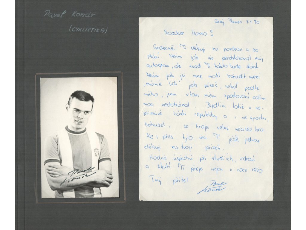 Kondr Pavel (1942), dráhový cyklista, sb. list s vlastn. podpisem