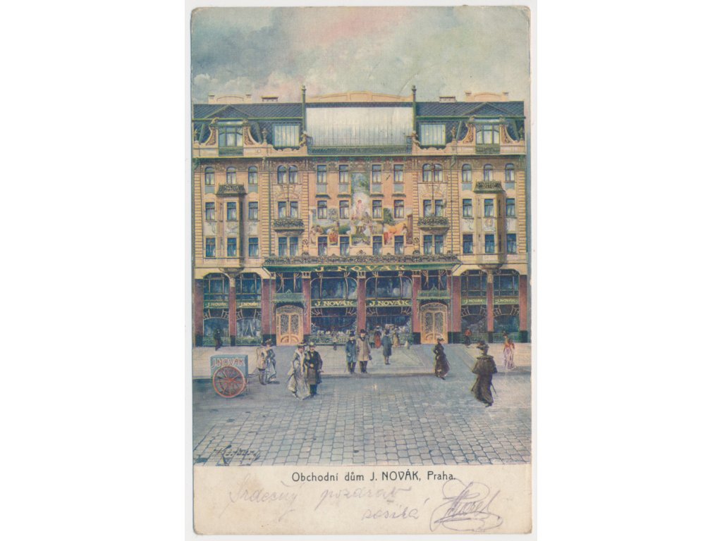 49 - Praha, Obchodní dům J. Novák, oživená ulice, cca 1908