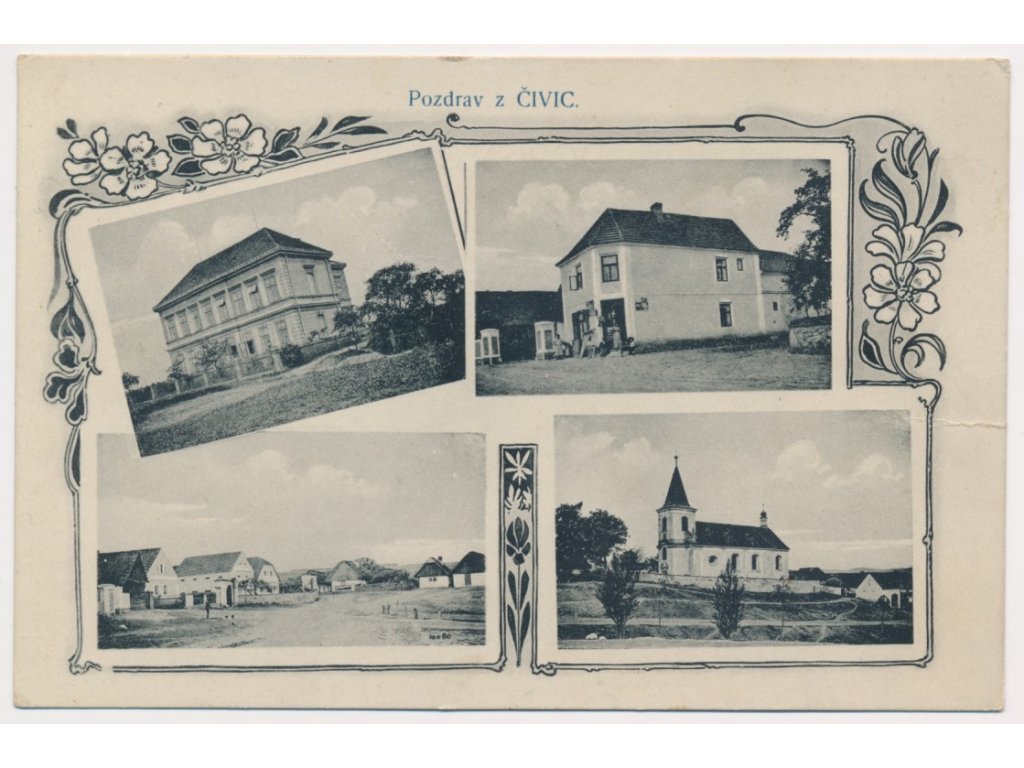 47 - Plzeňsko, Čivice, 4 - záběrová koláž s dominantami obce, cca 1908
