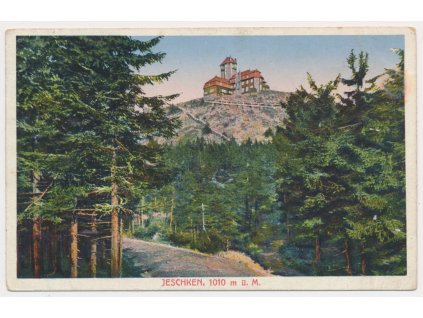 32 - Liberecko, Ještěd, lesní partie s pohledem na původní hotel, 1926