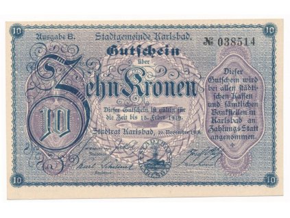 Sudety, Karlovy Vary, 10 K, 1918, náhradní bankovka, krásný stav UNC