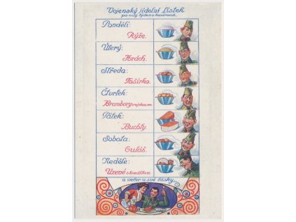 Vojenský jídelní lístek, cca 1930