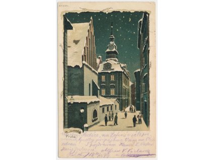 49 - Praha, oživená zimní partie z noční Prahy, cca 1899