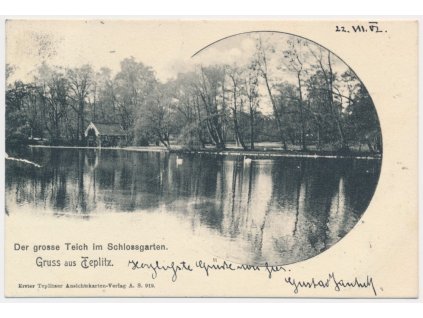 65 - Teplice, partie u rybníku s labutěmi, prošlá poštou 1902