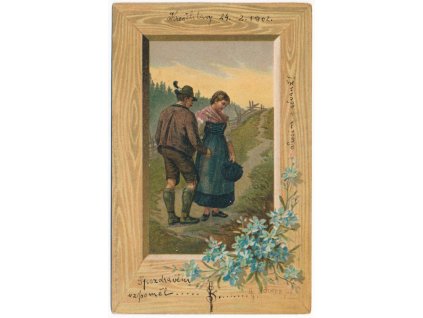 Myslivec s dívkou na procházce, koláž, cca 1902