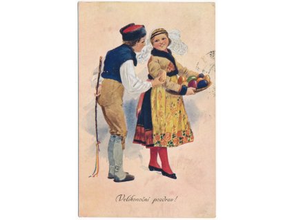 Velikonoční pozdrav, chlapec s pomlázkou a dívka s vejci, cca 1916