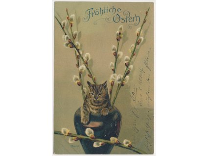 Velikonoce, Fröhliche Ostern, kočka a kočičky, cca 1904