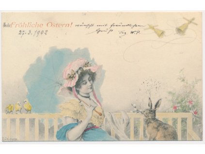 Velikonoce, Fröhliche Ostern, dáma v kloboučku a zajíček, cca 1902