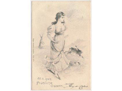 Velikonoce, Fröhliche Ostern, dívka na procházce, cca 1902