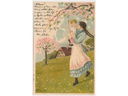 Jarní pohlednice, maminka s dítětem pod rozkvetlým stromem, cca 1901