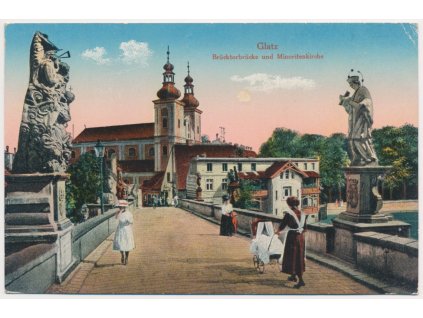Polsko, Kladsko (Glatz), Brücktorbrücke und Minoritenkirche, cca 1918