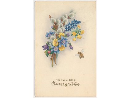 Velikonoční přání, Herzliche Ostergrüsse, květiny a včelka, cca 1953
