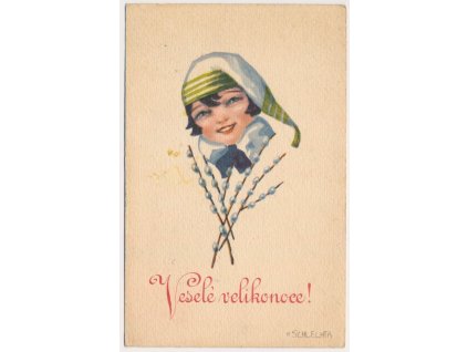 Veselé Velikonoce, holčička s čepicí, Nakl. A. Šlechta, cca 1921