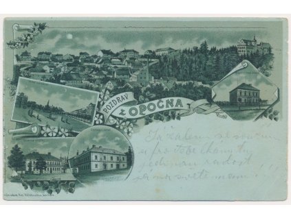 57 - Rychnovsko, Opočno, 5- ti záběrová litografie, prošlá poštou 1899