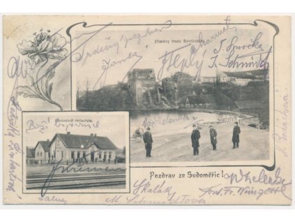 64 - Táborsko, Sudoměřice, 2 - záběrová koláž, restaurace, hrad, 1904