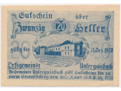 Rakousko, nouzová bankovka  20 h, Untergaibach, 1920, krásný stav UNC