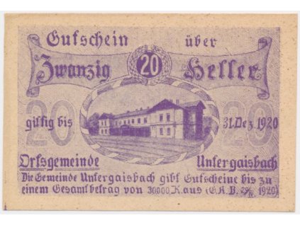 Rakousko, nouzová bankovka  20 h, Untergaibach, 1920, krásný stav UNC