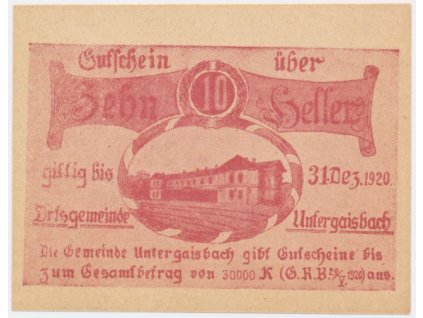 Rakousko, nouzová bankovka  10 h, Untergaibach, 1920, krásný stav UNC